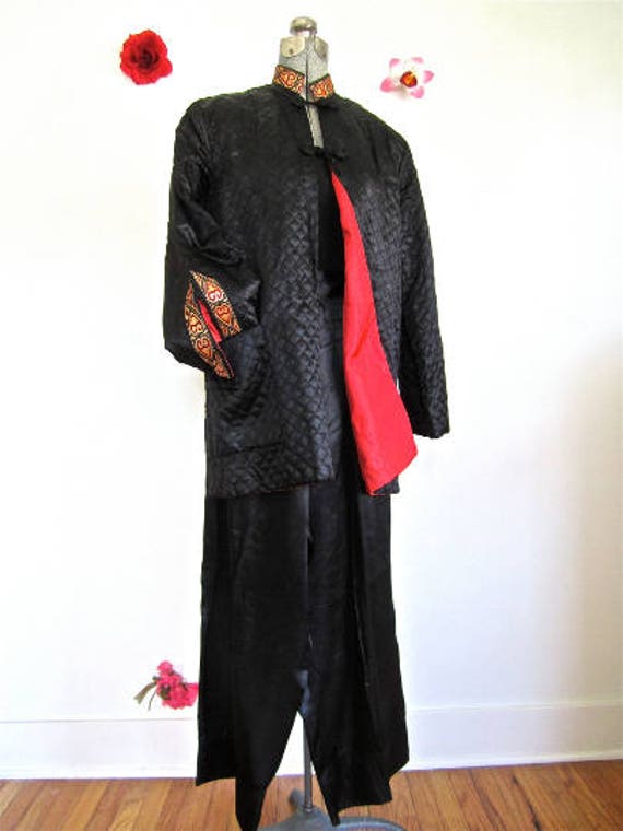 M 40s Lounge Pajama Set 2pc Jacket Pants Silky Bla