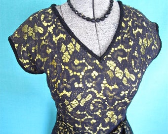 M 40s Bumble Bee Dress in Black Lace Over Yellow Satin Medium