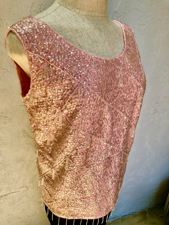 L 50s 60s Pink Beaded and Sequined Top Made in Ho… - image 4