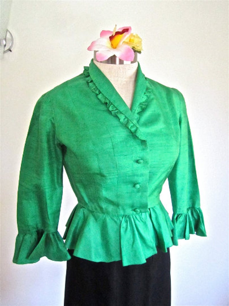 S M 50s Silk Blouse Kelly Green Shirt Shantung 3/4 Sleeves Etsy