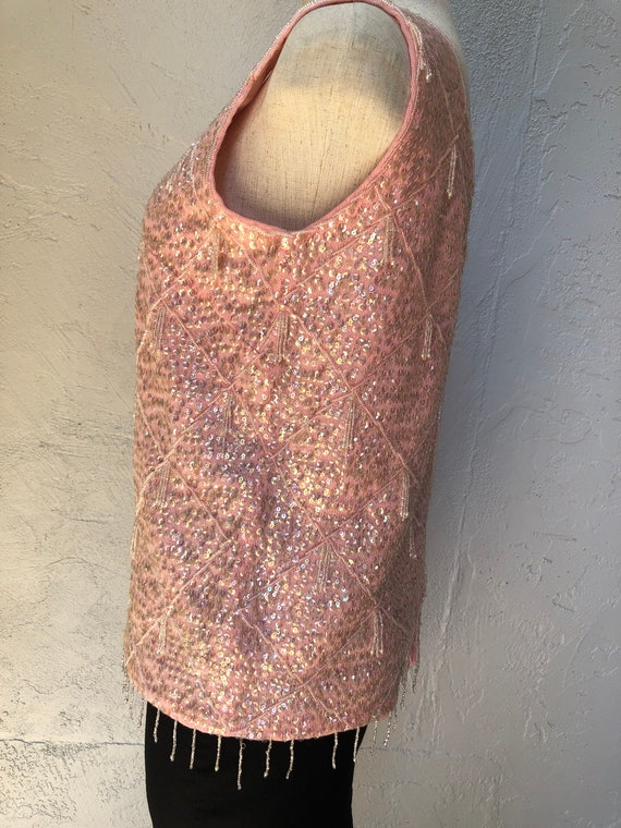 L 50s 60s Pink Beaded and Sequined Top Made in Ho… - image 5