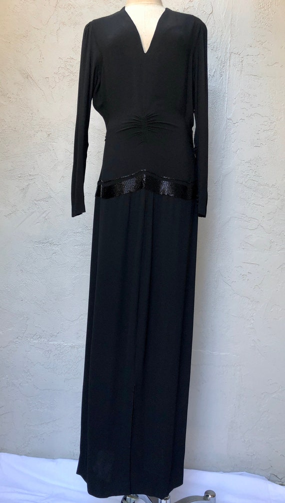 Vintage 1940s 30s Rayon Dress in Black Crepe and … - image 1