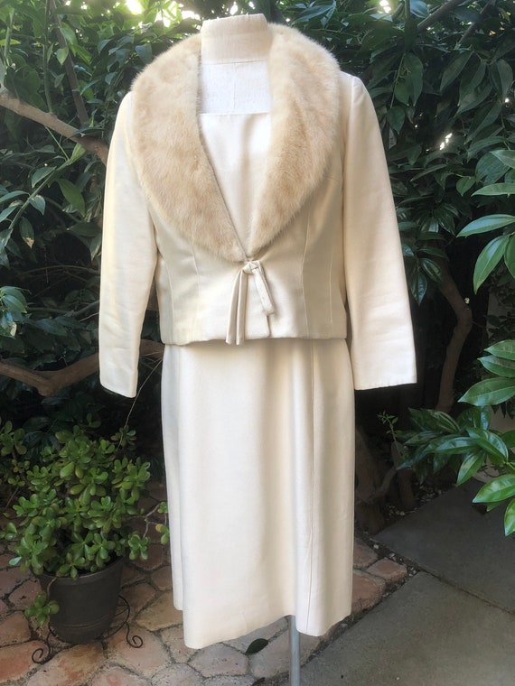 MED LG 50s 2pc Alper Schwartz Suit Dress Set Fur T