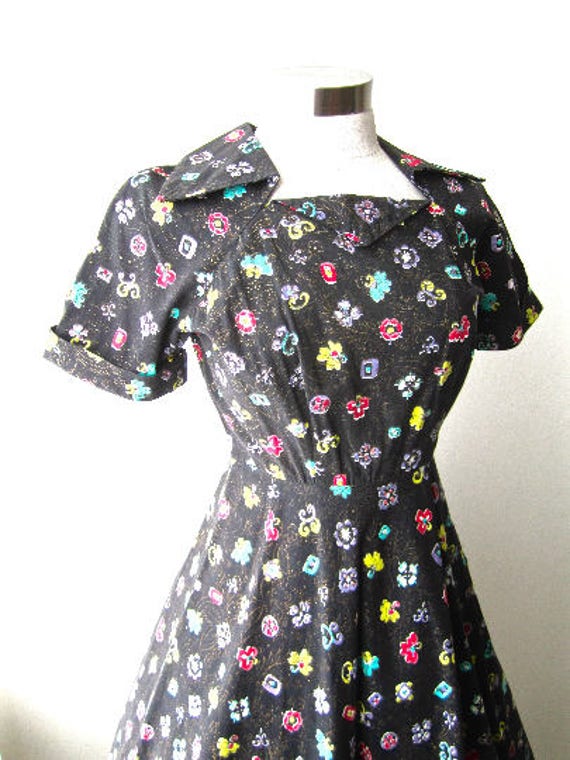 M 40s 50s Dress Novelty Print Cotton Black Pink P… - image 2