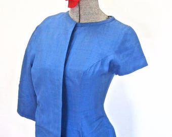 S 50s 60s 2pc Suit Dress Set Jacket Blue Wiggle Sheath Cocktail Bombshell Mid Century Arpegio Beverly Hills Small