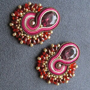 Maroon Gold Soutache Earrings, Raspberry Chestnut Ombre Studs or Clip Ons, Oval Crystal Statement Jewelry, Warm Gradient Gift