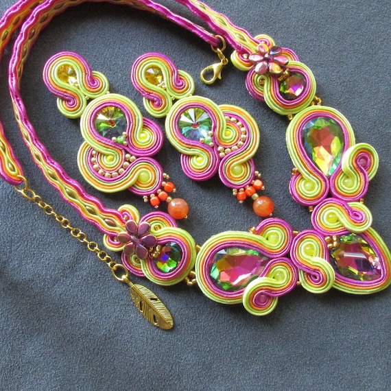 Rainbow Soutache Jewelry Set, Colorful Statement Necklace and Long Earrings, Vibrant Art Jewelry, Gift for Her, READY TO SHIP!