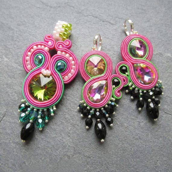 Fuchsia Green Soutache Jewelry Set, Statement Earrings Boho Pendant Necklace, Colorful Handcrafted Vibrant Gift for Her, Ready to Ship