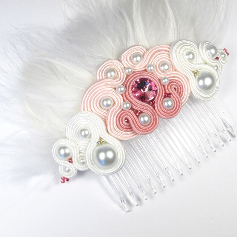 White Pink Soutache Jewelry For Bride Wedding Set Bridal Accessories Bridesmaid Long Earrings Large Hair Comb With Feathers And Crystal Abel Sets Bride Wedding Set Bridal Accessories, Hot Pink Locker Chandelier Earrings