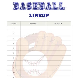 Könnte beinhalten: Ein druckbares Baseball-Lineup-Blatt mit einem Baseballhandschuh- und Ball-Grafik. Das Blatt hat Spalten für die Reihenfolge, den Spieler und die Position.