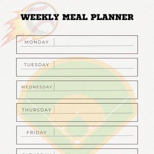 Afdrukbare wekelijkse maaltijdplanner| Sjabloon digitaal maaltijdplan| Diners organiseren| Op honkbal geïnspireerd