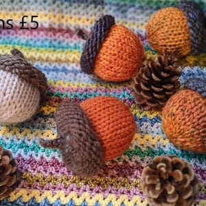May include: Acorns knitted in brown and orange with a brown cap. The acorns are on a colourful striped background with pine cones.