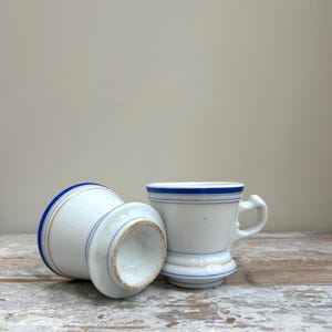 Pair of 18th Century French Glazed Brulot Coffee Cups, Blue White Ironstone Bistro Mugs