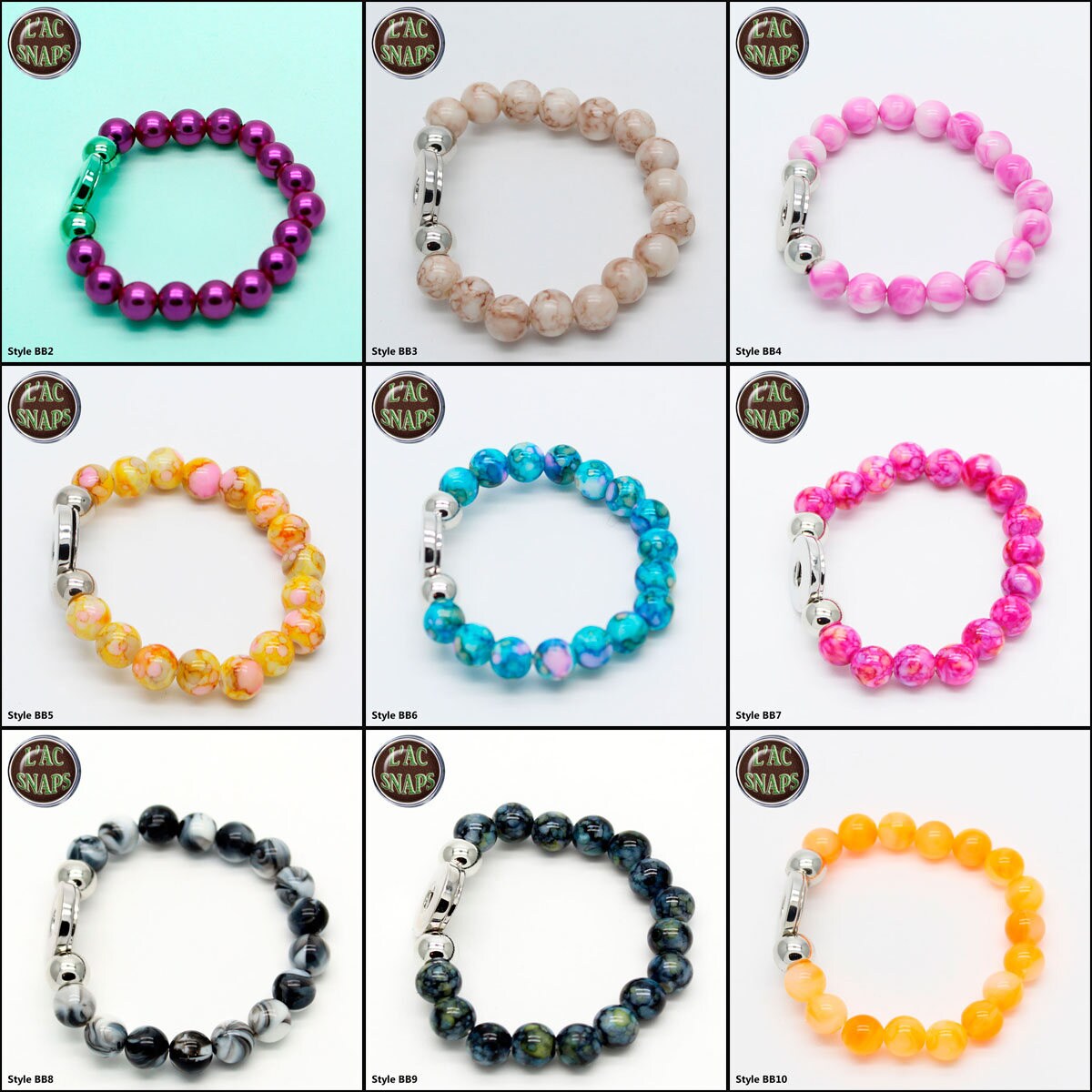 Stretch elastic Bead Bracelet for 18 / 20mm snap button, Chunk, charm