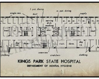 18 X 24" Floor Mat with King's Park State Hospital floor plan . Actual floor plan image from New York Mental Hospital. King's Park, NY