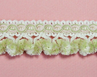 Ruban, galon, passementerie pompons, vert pâle, blanc, rose pâle, 25 mm, vendu au mètre, créations couture, décoration, chapeaux.