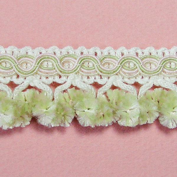 Ruban, galon, passementerie pompons, vert pâle, blanc, rose pâle, 25 mm, vendu au mètre, créations couture, décoration, chapeaux.