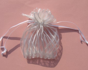 Bolsas de organza transparentes con rayas blancas y plateadas, 12,5 cm x 12 cm, vendidas en lotes de 6, envoltura de regalo, dragados, joyas.