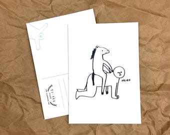 Awkward Ride - Funny Horse A6 Illustrated Postcard