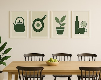 Modern Green Kitchen Prints: Simplistic Dining Room Art (Digital Files Set of 4)