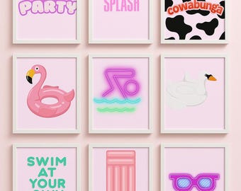Pool Party Prints Set: Fun Pink Flamingo Art (Digital Files)