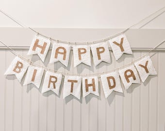 Happy Birthday Fabric Banner: Beige Neutral Party Decor