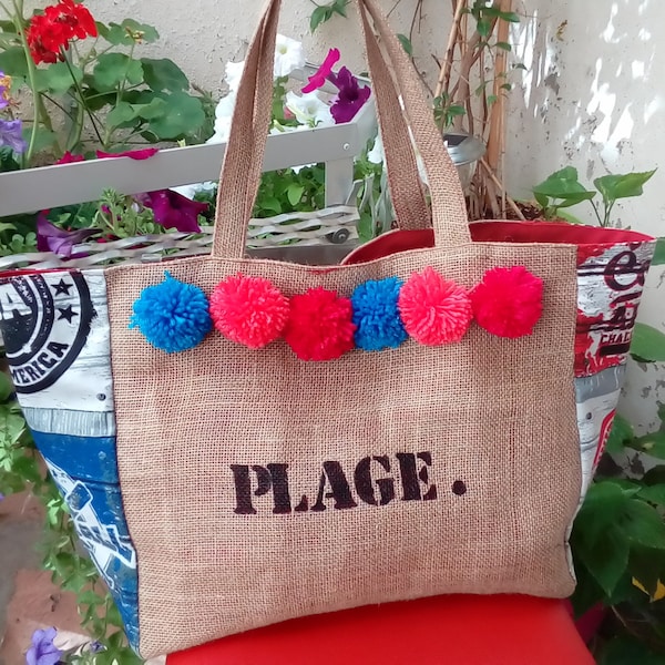 Grand sac de plage xxl toile de jute et pompons