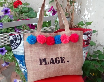 Grande borsa da spiaggia xxl burlap e pom poms