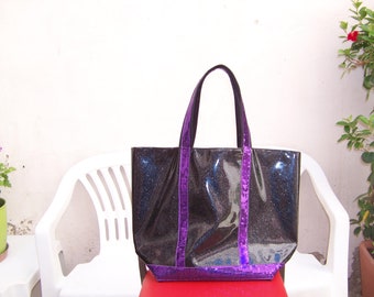 sac cabas simili cuir pailleté et galon sequin violet