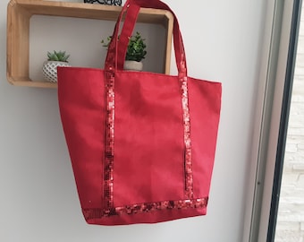 Large Vanessa Bruno style tote bag in red alcantara and red sequin braid