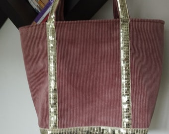 Vanessa Bruno style tote bag in old pink ribbed velvet and golden sequin braid