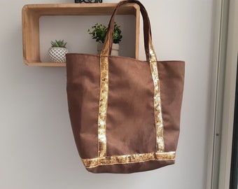 Grand sac cabas style vanessa bruno en alcantara marron et galon paillette doré  foncé