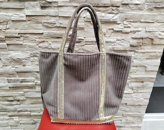 Grande borsa tote in stile Vanessa Bruno in velluto a coste color tortora con treccia di paillettes dorate