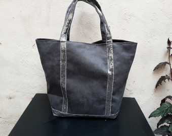 Grand sac cabas style vanessa bruno en alcantara gris anthracite et galon paillettes gris argenté