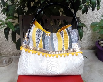 Sac cabas simili cuir blanc et tissu coton ethnique jaune et gris