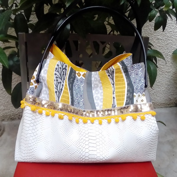 Sac cabas simili cuir blanc et tissu coton ethnique jaune et gris