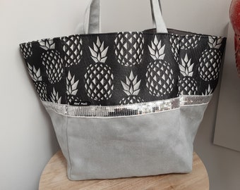 Sac cabas en alcantara  gris perle et tissu ananas gris perle et anthracite