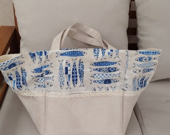 sac cabas en alcantara creme et tissu imprimer poissons