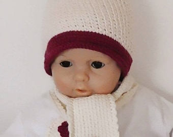 Ensemble bébé fille, bonnet et écharpe bébé fille 6 mois 12 mois en laine écologique écrue et rouge, cadeau accessoire bébé fille fait main