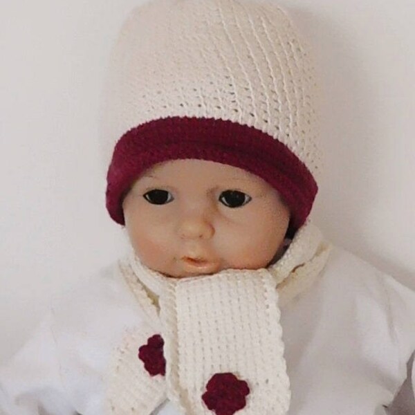 Ensemble bébé fille, bonnet et écharpe bébé fille 6 mois 12 mois en laine écologique écrue et rouge, cadeau accessoire bébé fille fait main