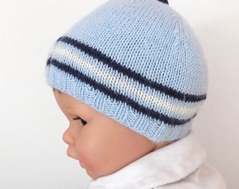 Cappello da bambino, cappello da bambino 6 mesi 9 mesi azzurro con strisce bianche e blu navy in lana merino, regalo per bambini, accessorio per bambini fatto a mano