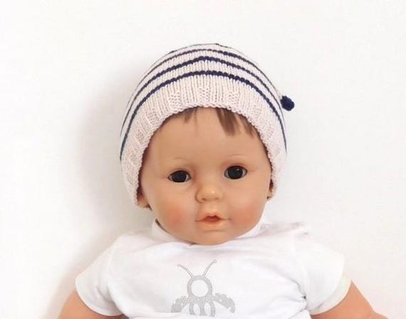 Bonnet bebe bonnet bebe 6 mois 9 mois en laine merinos et coton ecologiques bleu marine et ecrus cadeau accessoire bonnet bebe fait main Etsy France