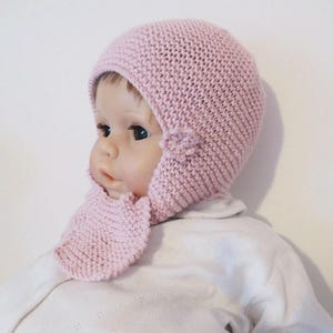 Cagoule bébé, bonnet écharpe bébé fille 6 mois 9 mois en laine mérinos et coton rose, cadeau bébé, vêtement bébé, accessoire bébé fait main image 3