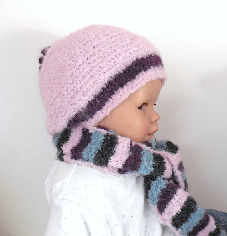 All accessories girl 4 years in ocean green plum pink alpaca wool and black hat and scarf for girl 3 years gift girl hand-made