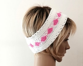 Diadema femenina, banda para el cabello de niña en algodón orgánico blanco y rosa, regalo femenino, accesorio de regalo para niña hecho a mano