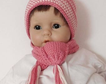 Ensemble bébé fille, bonnet et écharpe bébé fille 6 mois 9 mois en laine mérinos et coton corail et écrue, cadeau accessoire bébé fait main
