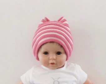 Bonnet bébé, bonnet bébé fille 9 mois à 18 mois demi-saison en coton et laine mérinos blanc rose, cadeau accessoire chapeau bébé fait main