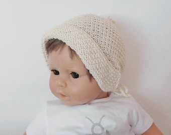 Bonnet fille, bonnet bébé fille 12 mois 18 mois 2 ans en coton biologique écru, cadeau bébé fille, accessoire chapeau bébé fille fait main