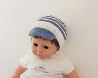 Casquette bébé, casquette bébé 12mois /18 mois en coton biologique blanc et bleu jean, cadeau bébé garçon, accessoire chapeau bébé fait main