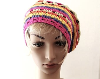 Béret femme, bonnet féminin d'été multicolore en coton écologique, cadeau femme, béret femme fille, accessoire féminin, chapeau fait main